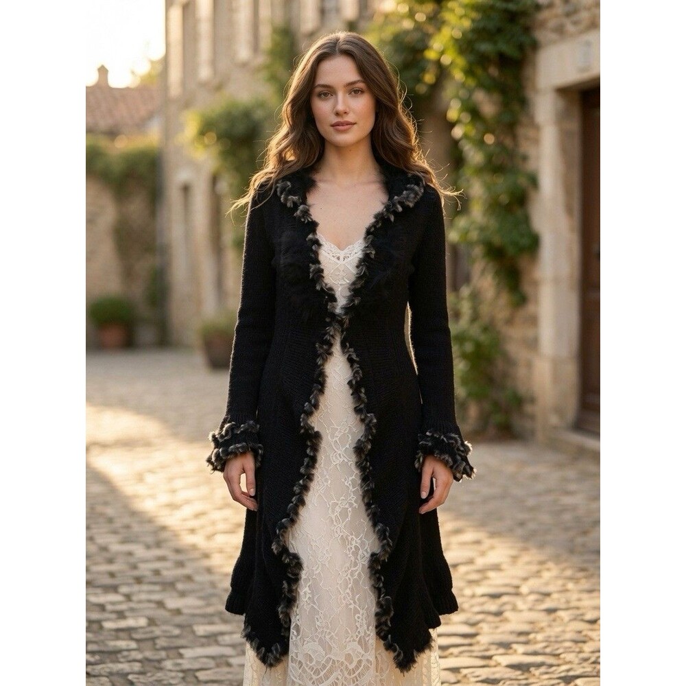 Alberto Makali Rabbit/fox Fur Knit Medium Black Open Front Cardigan Jacket